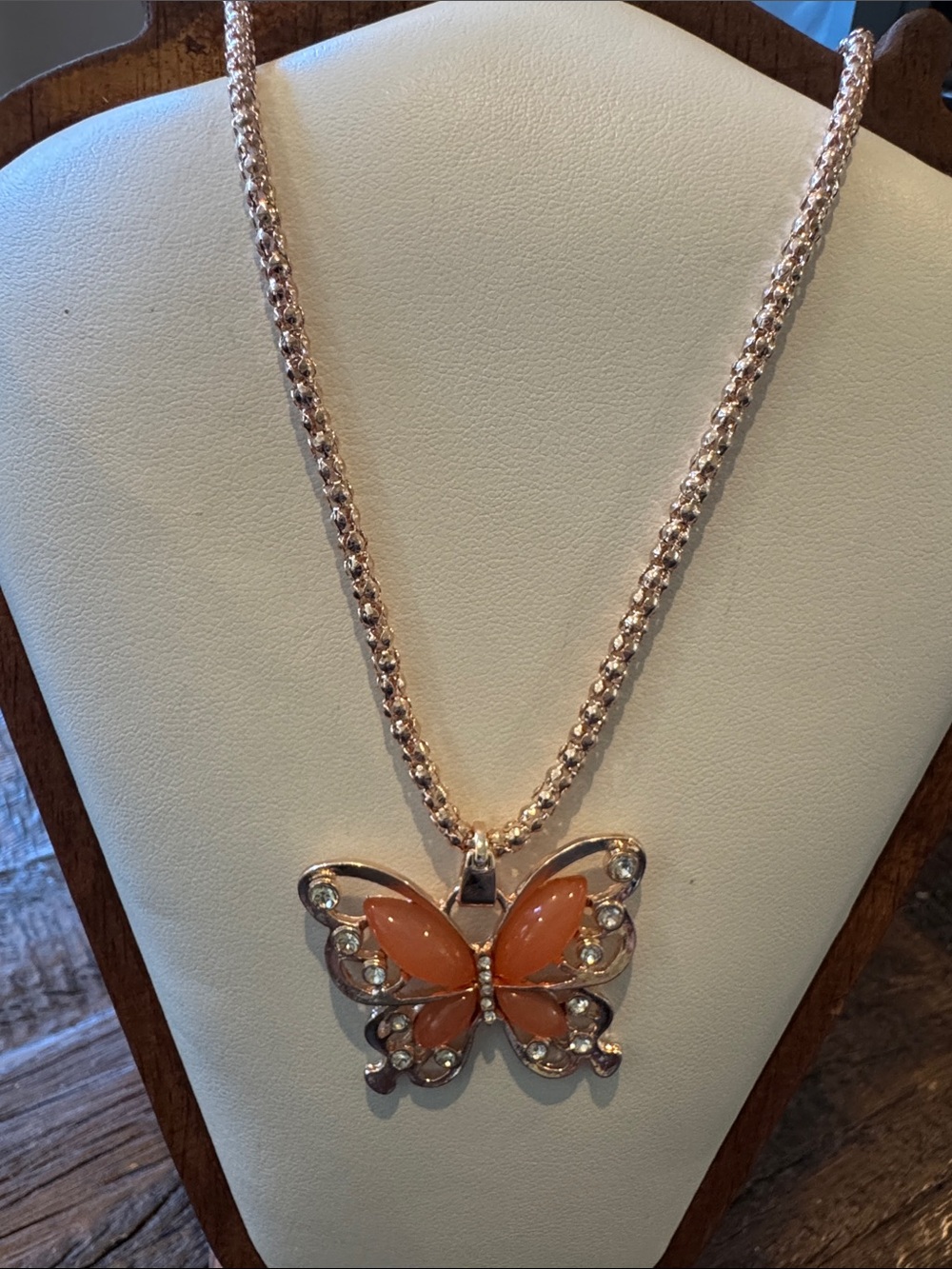 Vintage Rose Gold Butterfly Pendant Necklace with Peach Stones